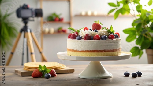 Scrumptious Mixed Berry Cake on Display with a Camera in the Background photo