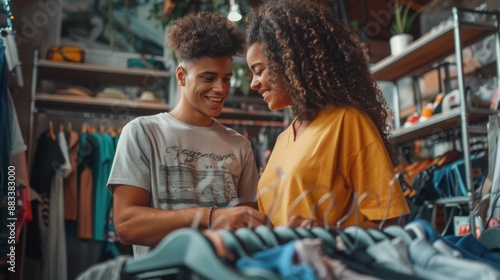 Young Multiracial Couple Shopping for Clothing at a Trendy Store, Love, Fashion, and Casual Wear. Generative ai