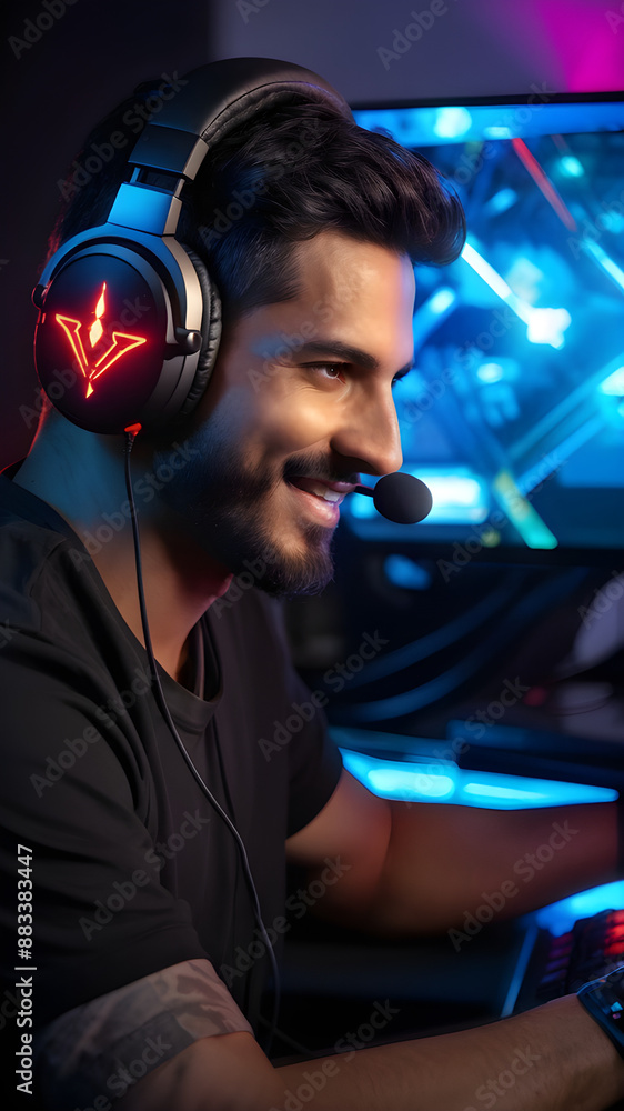Smiling Gamer Live Streamer in action on PC desktop Computer Broadcasting Video gaming Digital Entertainment technology Concept Smiling Gamer Live Streamer in action on PC desktop Computer Broadcasting Video gaming Digital Entertainment technology Concept