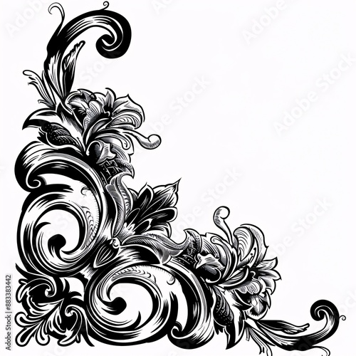 Decorative corner design element. Black and white corner design illustration.
