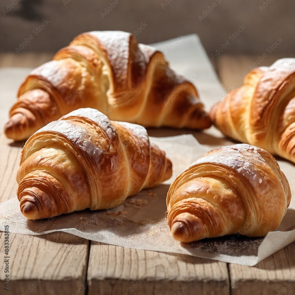 Close-up of fresh croissants on wooden table at a café Close-up of fresh croissants on wooden table at a café