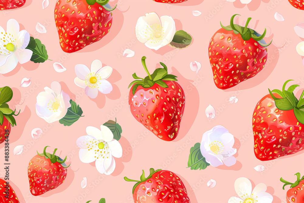 Cute strawberry and white flower pattern seamless background, vector illustration design with red strawberries on pink pastel color Cute strawberry and white flower pattern seamless background, vector illustration design with red strawberries on pink pastel color