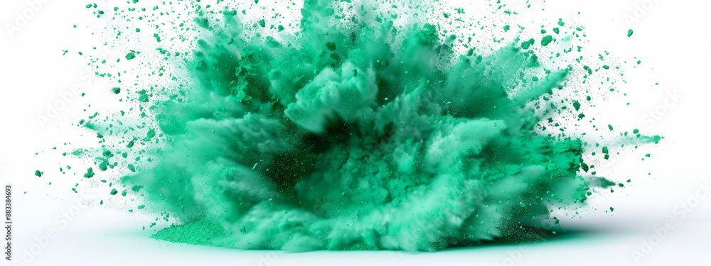 A white background hosts an explosion of green powder, mirrored by its reflection in the central hub A white background hosts an explosion of green powder, mirrored by its reflection in the central hub