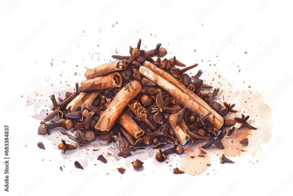 Aromatic Clove Spice Heap in Watercolor Style, Culinary Ingredient and Health Food Concept Aromatic Clove Spice Heap in Watercolor Style, Culinary Ingredient and Health Food Concept