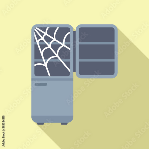 Old empty fridge with cobweb inside is standing open, suggesting a long period of disuse