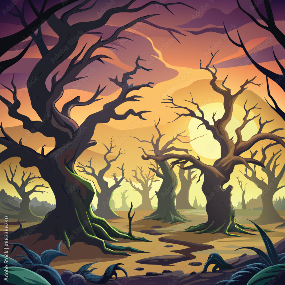 Gnarled, leafless trees with twisted branches and a haunted feel.