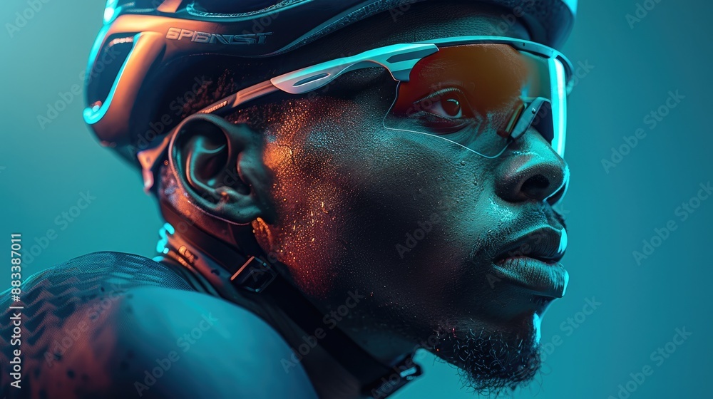 Close up of a handsome black man in a professional bicycle riding suit, side face, riding a bicycle on against a dark blue background with green and teal lighting and a gradient background. Close up of a handsome black man in a professional bicycle riding suit, side face, riding a bicycle on against a dark blue background with green and teal lighting and a gradient background.