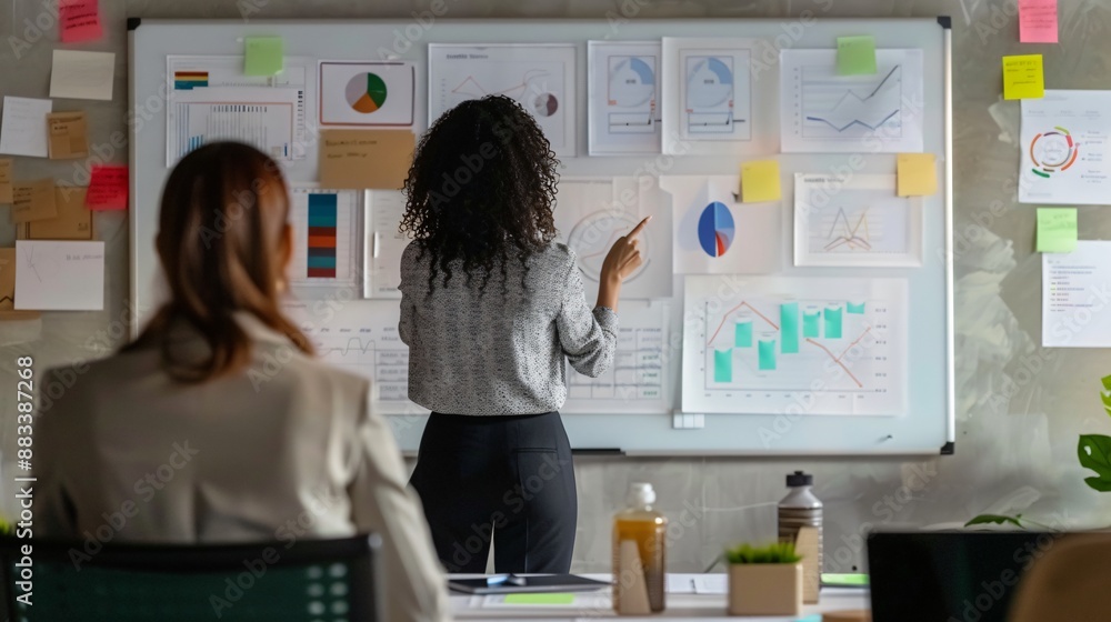 Close up shot of a businesswoman presenting to colleagues, pointing at a whiteboard filled with diagrams and charts Close up shot of a businesswoman presenting to colleagues, pointing at a whiteboard filled with diagrams and charts