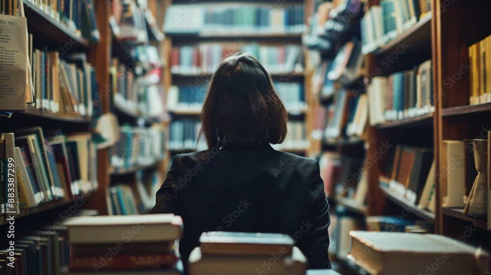 Close up shot of a businesswoman researching in a library, surrounded by shelves of books, with a stack of reference materials on the table Close up shot of a businesswoman researching in a library, surrounded by shelves of books, with a stack of reference materials on the table