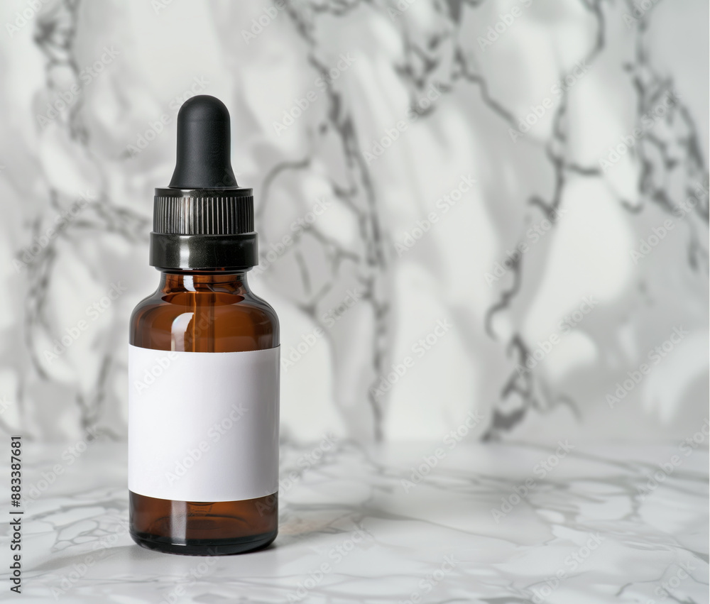 Dropper Bottle Mockup on Marble Background: Amber Glass Dropper Bottle with White Empty Label - Minimalist Product Display for Skincare and Cosmetics Branding with Copy Space Dropper Bottle Mockup on Marble Background: Amber Glass Dropper Bottle with White Empty Label - Minimalist Product Display for Skincare and Cosmetics Branding with Copy Space