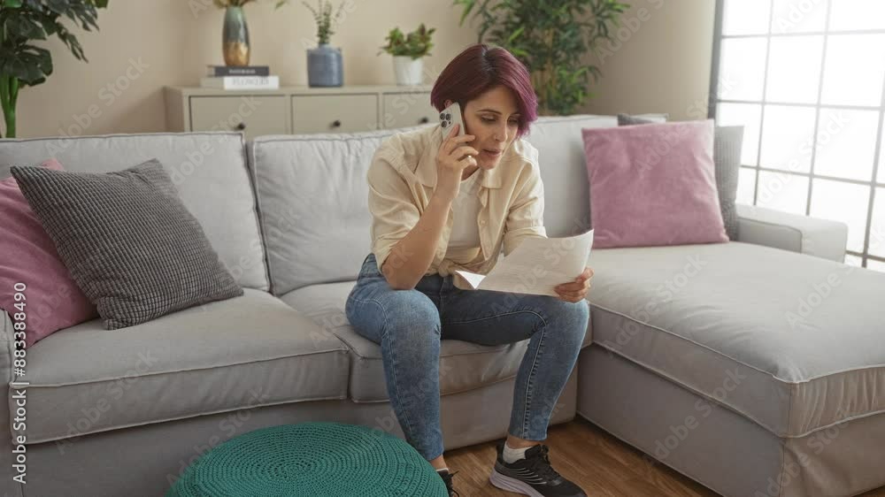 Young woman with short hair is sitting on a comfortable couch in a living room talking on a phone while reading a document, surrounded by cozy home decor and natural light. Young woman with short hair is sitting on a comfortable couch in a living room talking on a phone while reading a document, surrounded by cozy home decor and natural light.
