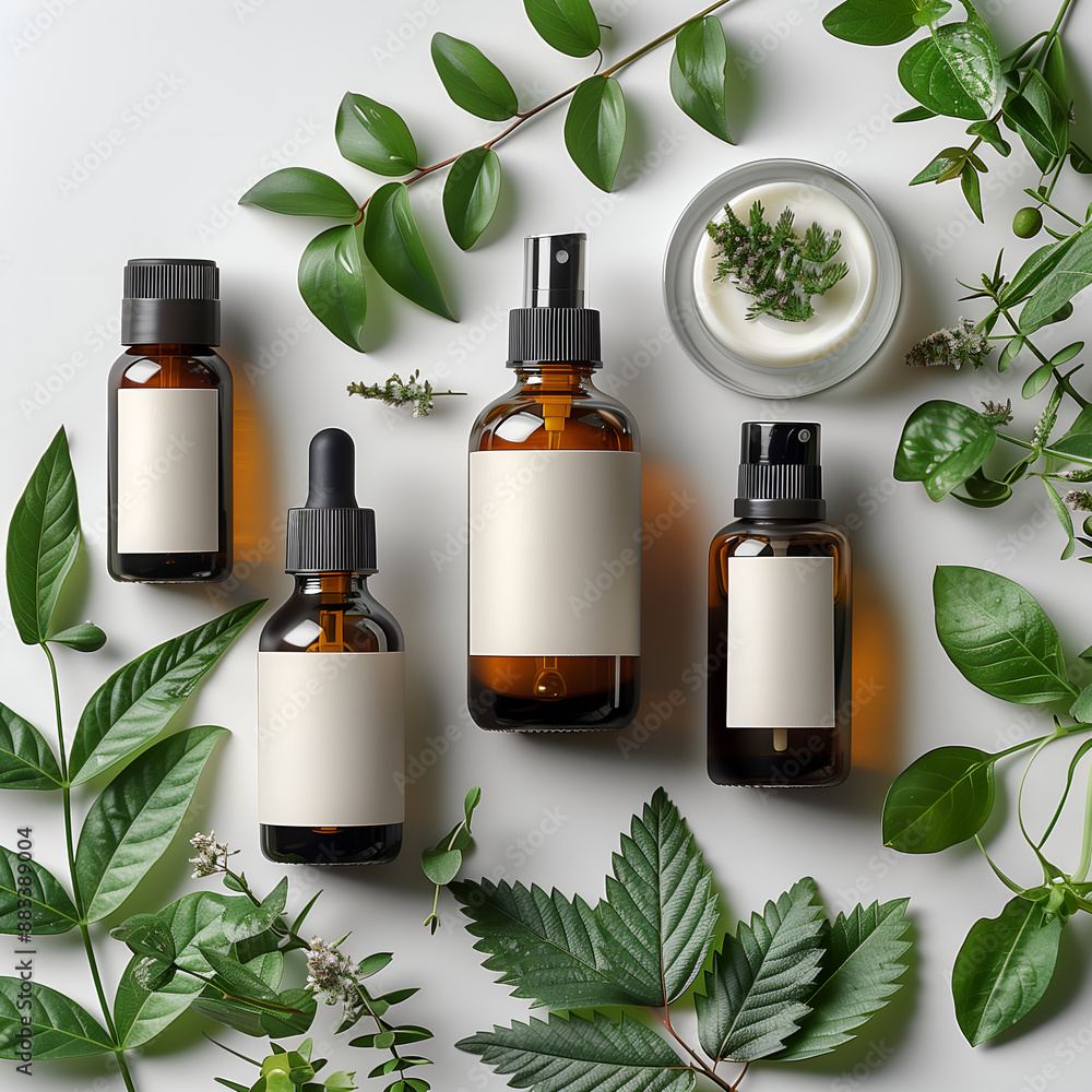 Organic Cosmetic Bottles with Green Leaves