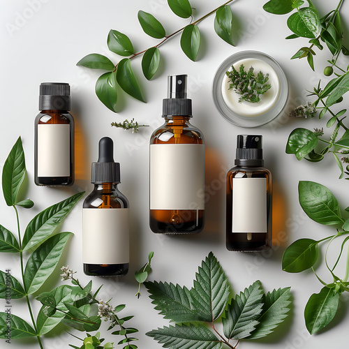 Obraz na płótnie Organic Cosmetic Bottles with Green Leaves w salonie