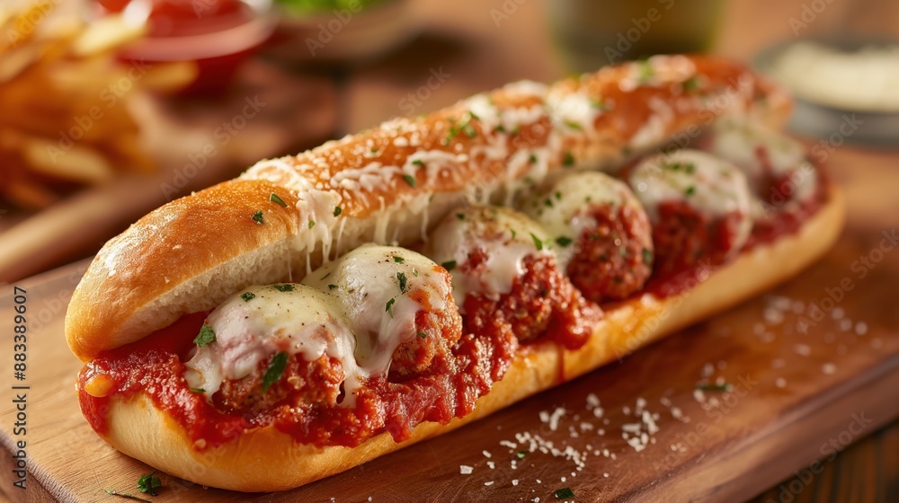 Close-up of a meatball sub sandwich with marinara sauce and melted cheese, garnished with parsley, on a wooden board. Close-up of a meatball sub sandwich with marinara sauce and melted cheese, garnished with parsley, on a wooden board.