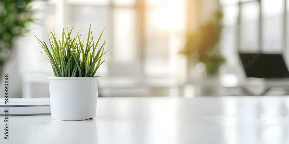 Modern office workspace with minimalist white desk plant and natural light. Concept Workspace Organization, Minimalist Design, Indoor Plants, Natural Lighting, Modern Office Space Modern office workspace with minimalist white desk plant and natural light. Concept Workspace Organization, Minimalist Design, Indoor Plants, Natural Lighting, Modern Office Space