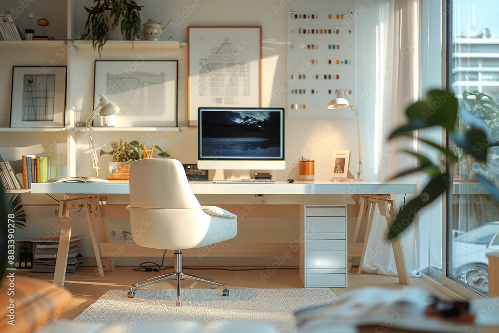 A desk in minimalist home office. Generative AI. A desk in minimalist home office. Generative AI.