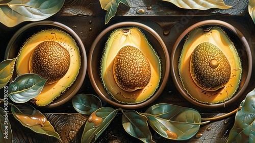  A painting of three-quarters of an avocado with leaves on either side and a full avocado on the opposite side