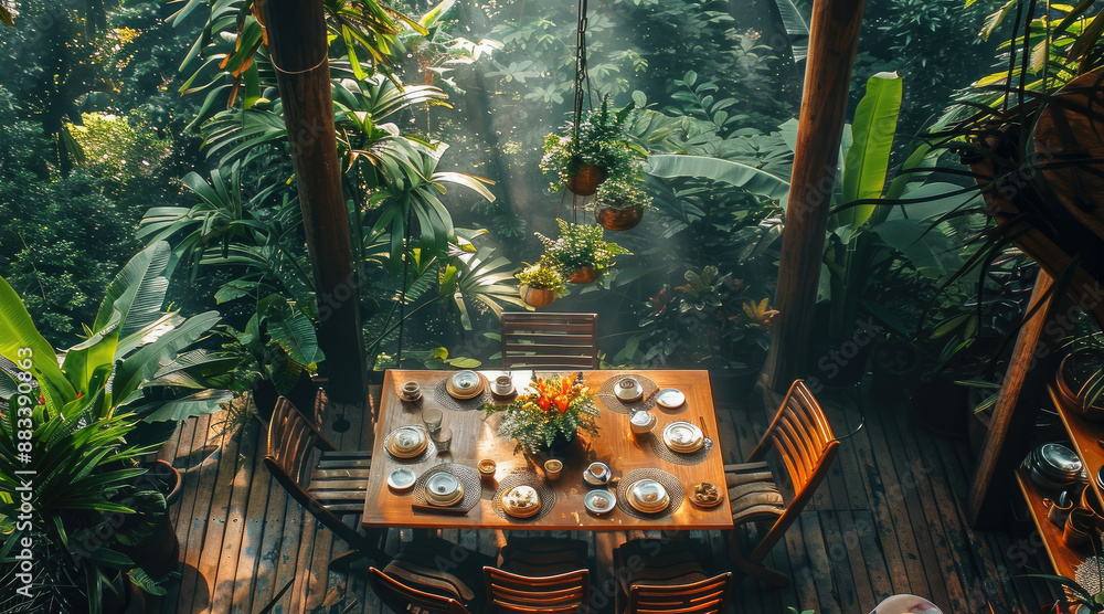 Εκτύπωση καμβά A very amazing breakfast table in the middle of jungle, natural lighting, morning light