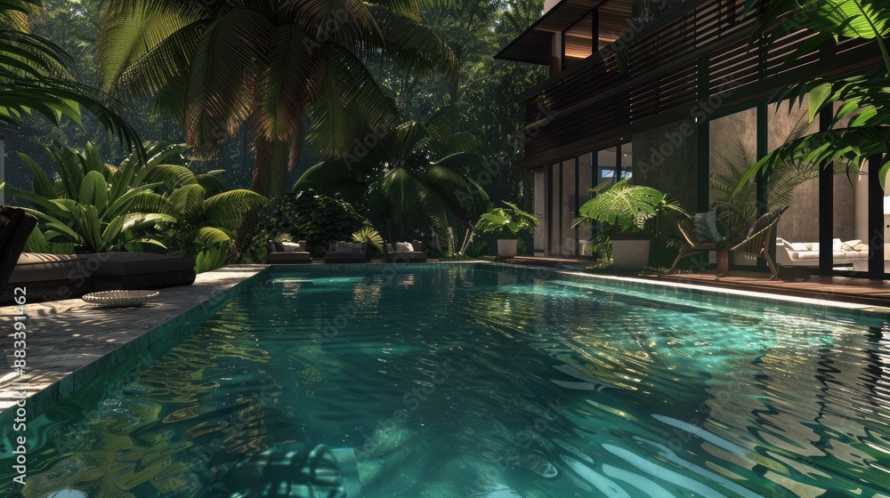 Escape to a serene paradise where a stylish living space overlooks a shimmering pool surrounded by tropical foliage. Escape to a serene paradise where a stylish living space overlooks a shimmering pool surrounded by tropical foliage.