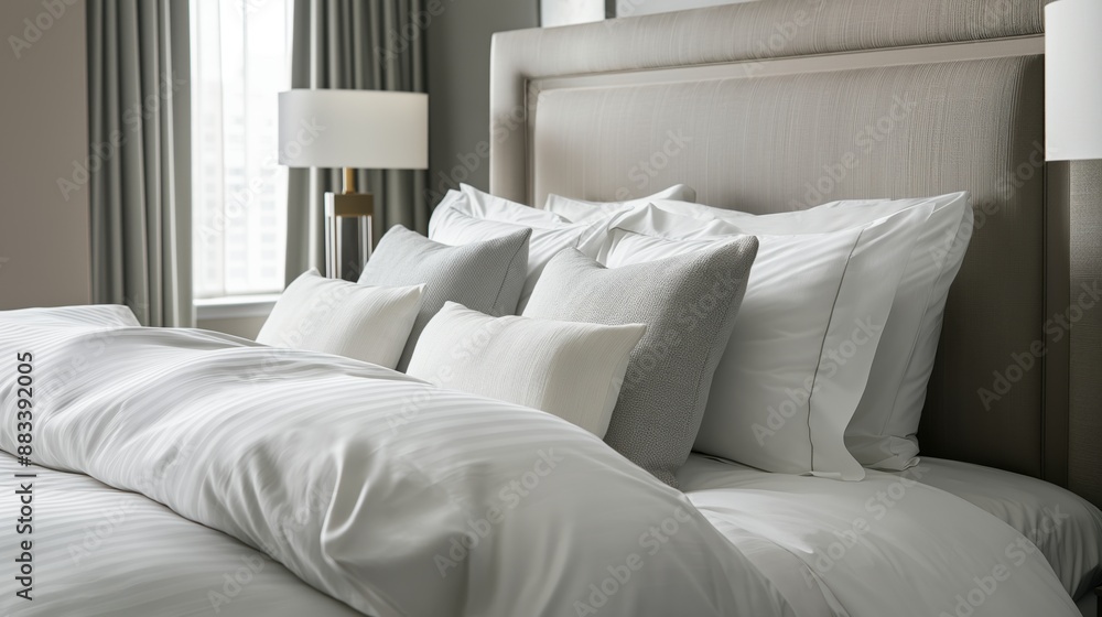 Obraz premium Luxurious bed with fluffy white pillows and neatly arranged bedding, set in a well-lit room with modern decor and curtains.