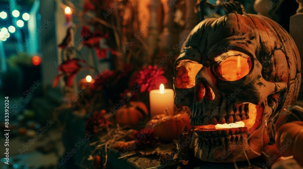 High angle shot of Halloween decorations in a cinematic style with high contrast lighting High angle shot of Halloween decorations in a cinematic style with high contrast lighting