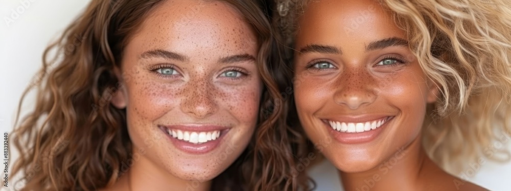 Two women, both with freckled complexions - one sporting freckles in their hair as well - pose for a photograph Two women, both with freckled complexions - one sporting freckles in their hair as well - pose for a photograph