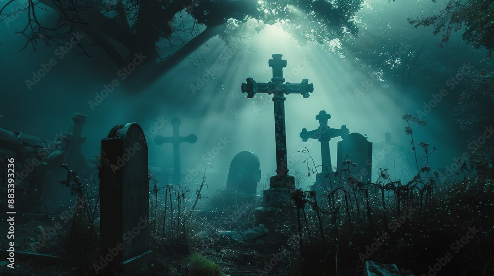 Medium shot of a spooky graveyard with backlight Medium shot of a spooky graveyard with backlight