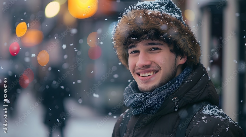 Handsome joyful man autumn portrait. Smiling men student wearing warm clothes in a city in winter. Handsome joyful man autumn portrait. Smiling men student wearing warm clothes in a city in winter.