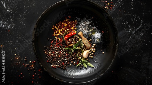 Spices and herbs on a black background. Food and cuisine ingredients