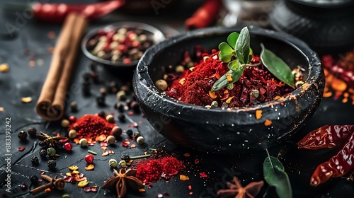 Spices and herbs on a dark background. Food and cuisine ingredients