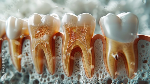 3D detailed of a central incisor tooth with a sagittal cut showing dentin with dentinal tubules and dental pulp with nerves and vessels. Natural and structured according to human morphology.