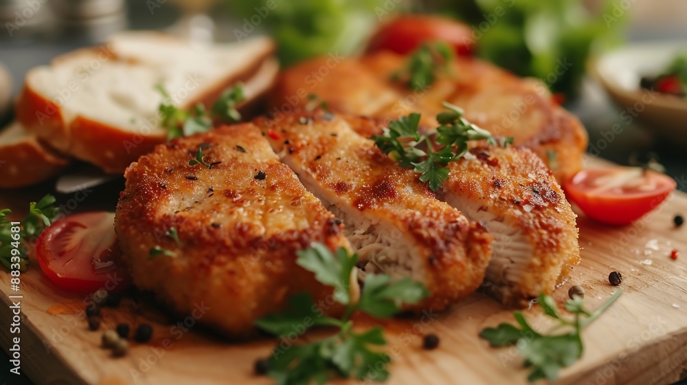 Tasty chicken cutlets with herbs on cutting board, closeup Tasty chicken cutlets with herbs on cutting board, closeup