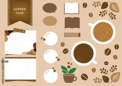 滲む水彩風のお洒落なカフェとコーヒーのあしらいとイラストセット