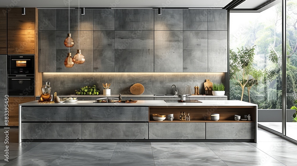 Modern kitchen center with all-in-one white and cold gray color matching cabinets, concrete countertops, wooden cabinets, window background. Generative AI. Modern kitchen center with all-in-one white and cold gray color matching cabinets, concrete countertops, wooden cabinets, window background. Generative AI.