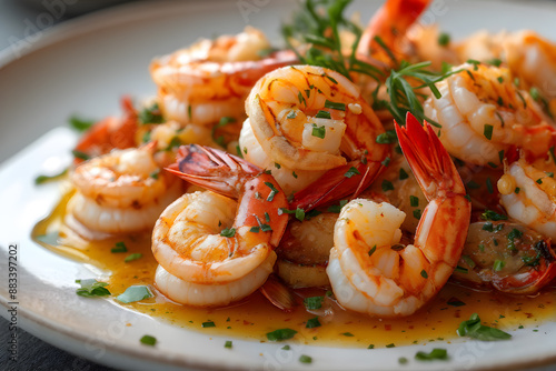A close-up of perfectly grilled shrimps adorned with vibrant green herbs on an elegant white plate. Ideal for culinary themes and food-related content
