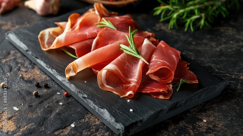 Thin slices of cured ham arranged on a dark slate board with fresh rosemary sprigs and peppercorns scattered around. Thin slices of cured ham arranged on a dark slate board with fresh rosemary sprigs and peppercorns scattered around.