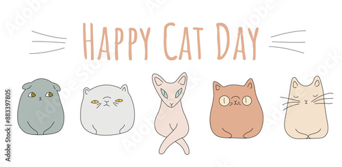International Cat Day Banner. Happy cats day. Funny Cute Cats in Pastel Colours with Different Breeds.