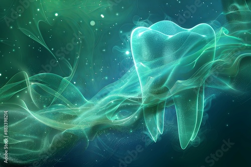 Healthy gums teeth care concept, teeth model with shining swirl green background, copy space photo