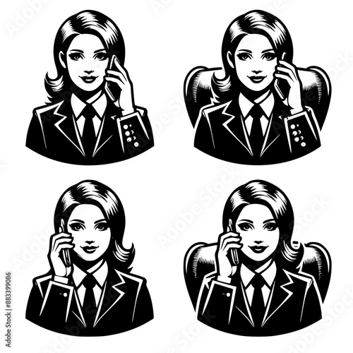 Four vector images of a businesswoman talking over smartphone, black and white