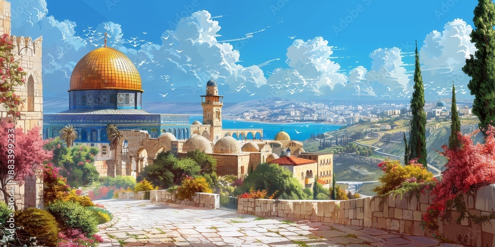 Fototapeta premium oil painting style illustration beautiful Mediterranean seascape on sunny day with gorgeous view