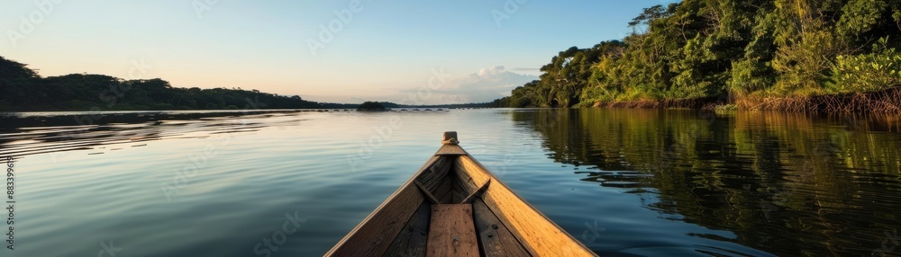 Boating trip on a serene river, panoramic views of calm waters and lush riverbanks Boating trip on a serene river, panoramic views of calm waters and lush riverbanks