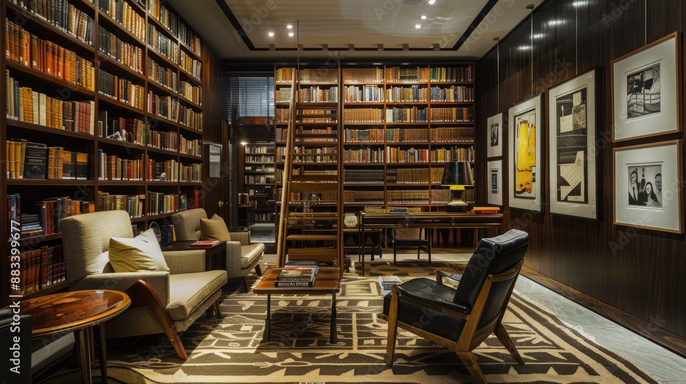 Explore the elegance of a mid-century library with a sophisticated interior design featuring classic furniture pieces, luxurious fabrics, and refined finishes. Explore the elegance of a mid-century library with a sophisticated interior design featuring classic furniture pieces, luxurious fabrics, and refined finishes.