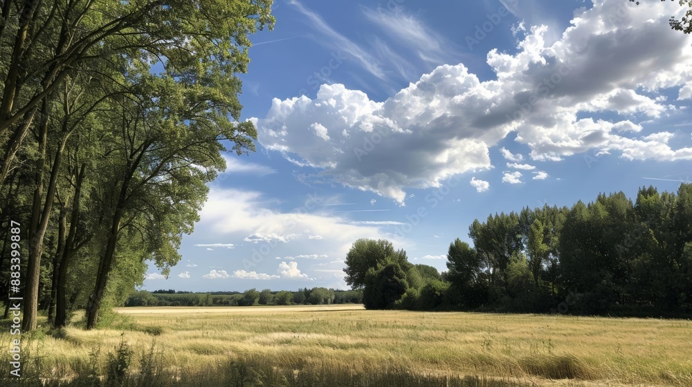 Obraz premium Clear sky with bright clouds over a field of trees, radiant and serene outdoor scene