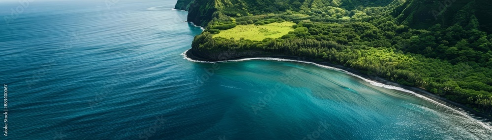 Couple on a seaside trip, lush green terrain meeting the ocean, serene and romantic landscape Couple on a seaside trip, lush green terrain meeting the ocean, serene and romantic landscape
