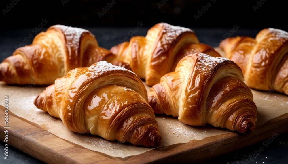 Fresh Baked Golden Croissants: Flaky French Pastries on Rustic Wooden Board Fresh Baked Golden Croissants: Flaky French Pastries on Rustic Wooden Board