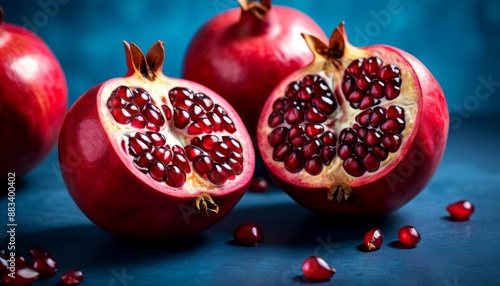 Fresh Ripe Pomegranates on Blue Background - Whole and Cut Fruit with Seeds