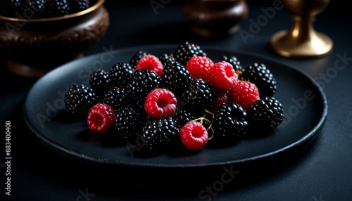 Fresh Raspberries and Blackberries on Dark Plate - Organic Summer Berries Closeup