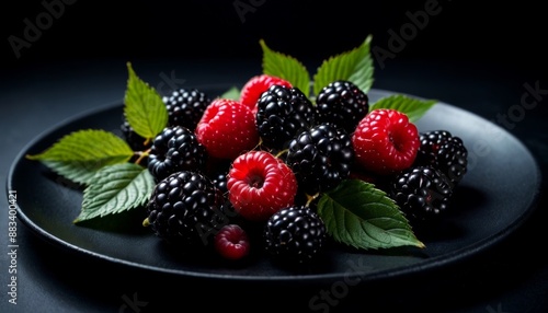 Fresh Raspberries and Blackberries on Dark Plate - Organic Summer Berries Closeup