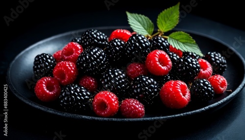 Fresh Raspberries and Blackberries on Dark Plate - Organic Summer Berries Closeup
