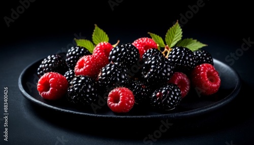 Fresh Raspberries and Blackberries on Dark Plate - Organic Summer Berries Closeup